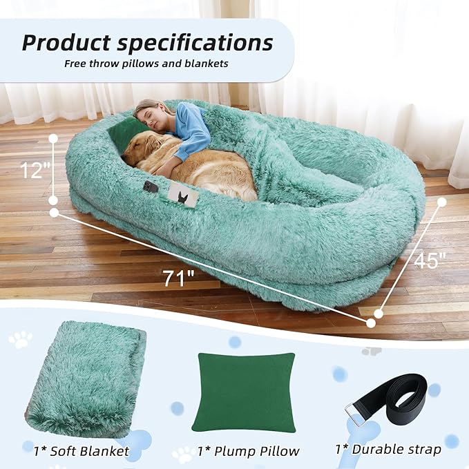 Human Dog Bed, 71''x45''x12'' Size Fits You and Pets, Washable Faux Fur Pet Bed for People Doze Off, Napping Orthopedic Dog Bed, Present Plump Pillow, Blanket, Strap - GreenWhite