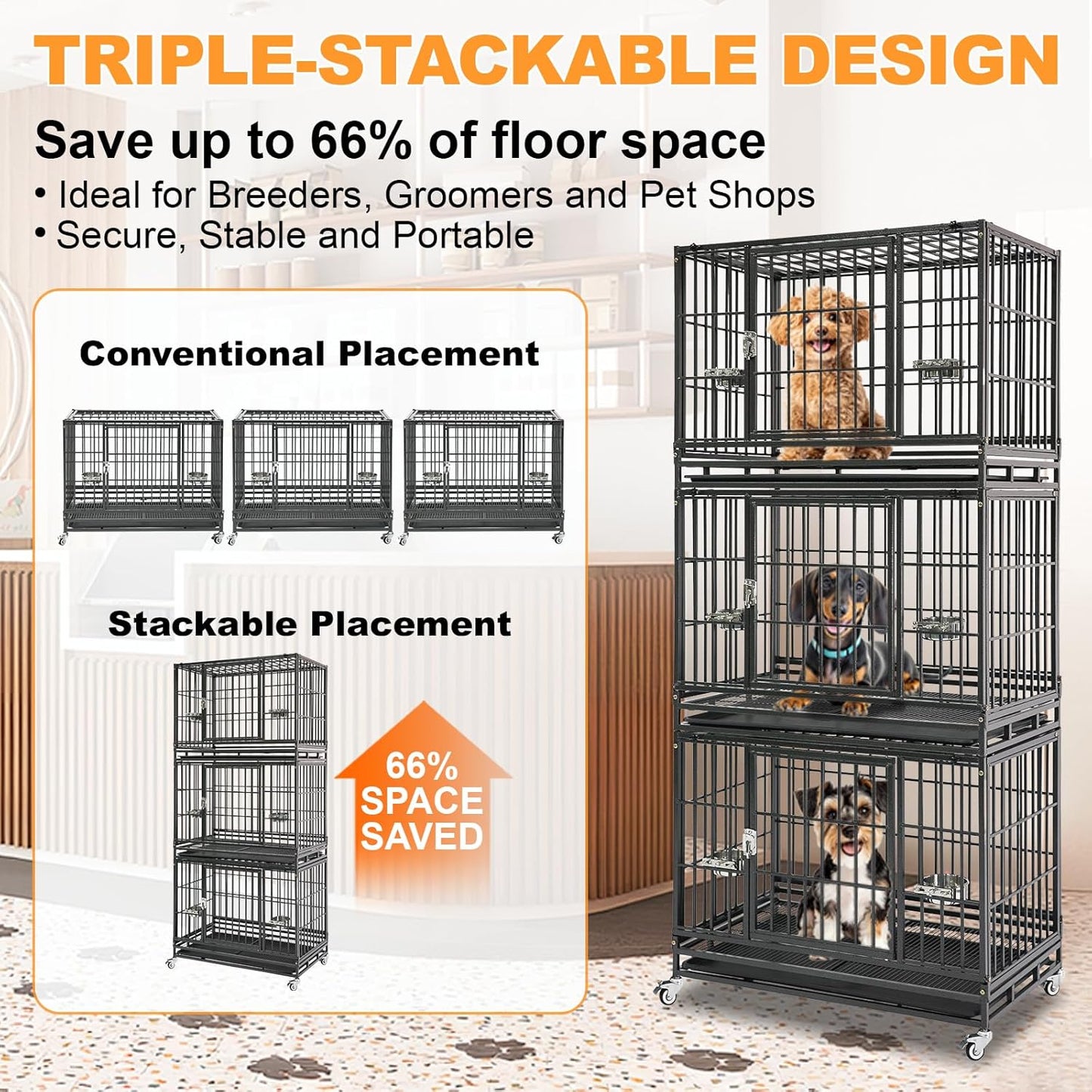 Homey Pet 2 Pack Three Levels 37 Inch Dog Crate, Escape Proof Dog Cage Kennel Indoor with Top Access and Lockable Wheels, Removable Tray, Heavy Duty Dog Crates for Medium/Small Dogs