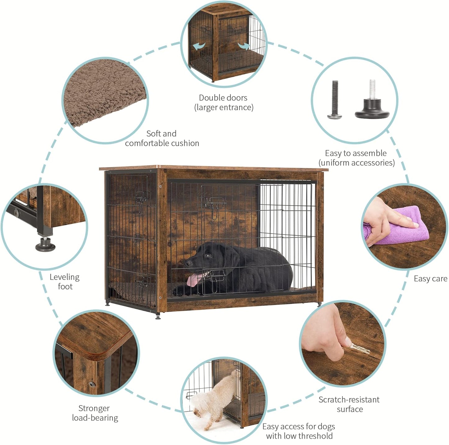 DWANTON Dog Crate Furniture with Cushion, Wooden Kennel Table with Double Doors, Indoor Dog House, Large Size, 38.5" L, Rustic Brown