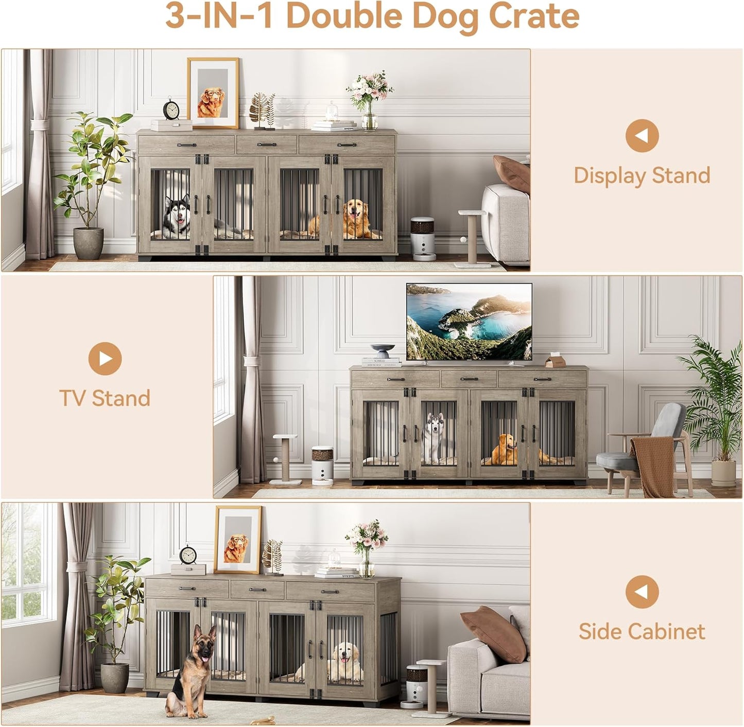 71 in Dog Crate Furniture for 2 Dogs, Wooden Double Dog Crate with 3 Drawers and Removable Room Divider, XXL Indoor Dog Kennel TV Stand End Table with Double Doors for Large Medium Dogs, Grey