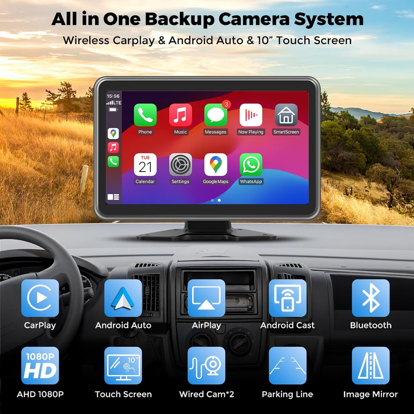 HD1080P Wired Backup Camera System with Apple Carplay & Android Auto,10'' Touch Screen Monitor, 2 Rearview Reverse Cameras, Night Vision, IP68-rated Backup Camera for Trucks, RVs, Trailers