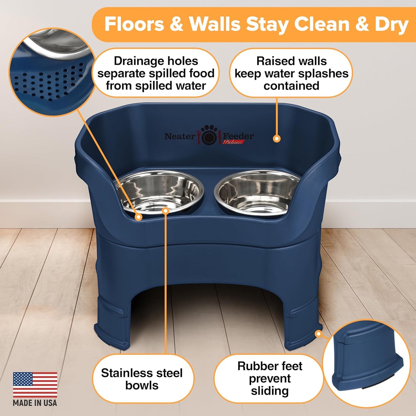 Neater Feeder Deluxe Mess Proof Dog Bowls Elevated for Large Dogs – Made in USA – No Spill Raised Dog Food Bowl Stand w/Leg Extensions – Stainless Steel Food and Water Bowl Set – Dark Blue