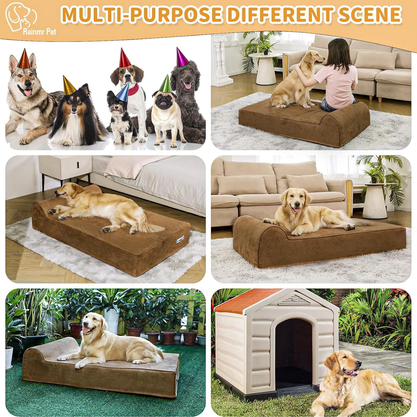 Large Orthopedic Dog Bed, 7" Memory Foam with Waterproof Liner, Chew Resistant Microsuede Cover, Removable and Washable, for Indoor, Outdoor, and Car Use, Nonskid Base, 60"x48" XXL Brown