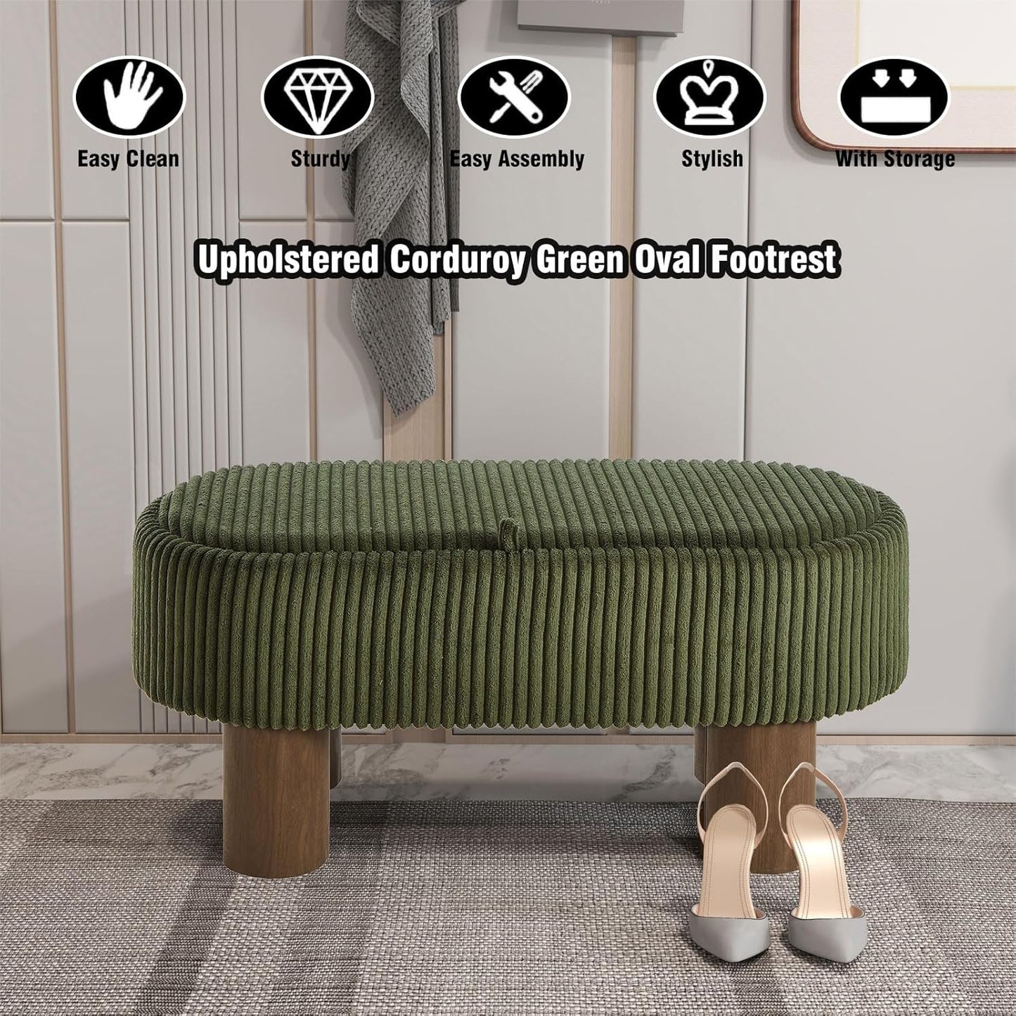 Bench with Storage 43 inch, Upholstered Corduroy Farbic Green Oval Footrest with Hidden Storage, Stool Modern Design Legs for Bedroom, Living Room, and Entryway Furniture Ottoman