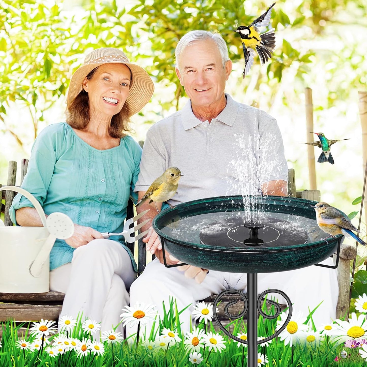 Metal Bird Bath for Outside, Freestanding Bird Bath Bird Feeder Bowl with 5-Pronged Base Stake Detachable Birdbaths Bowl for Outdoors Garden Patio Yard Lawn Decor (Vintage Green)