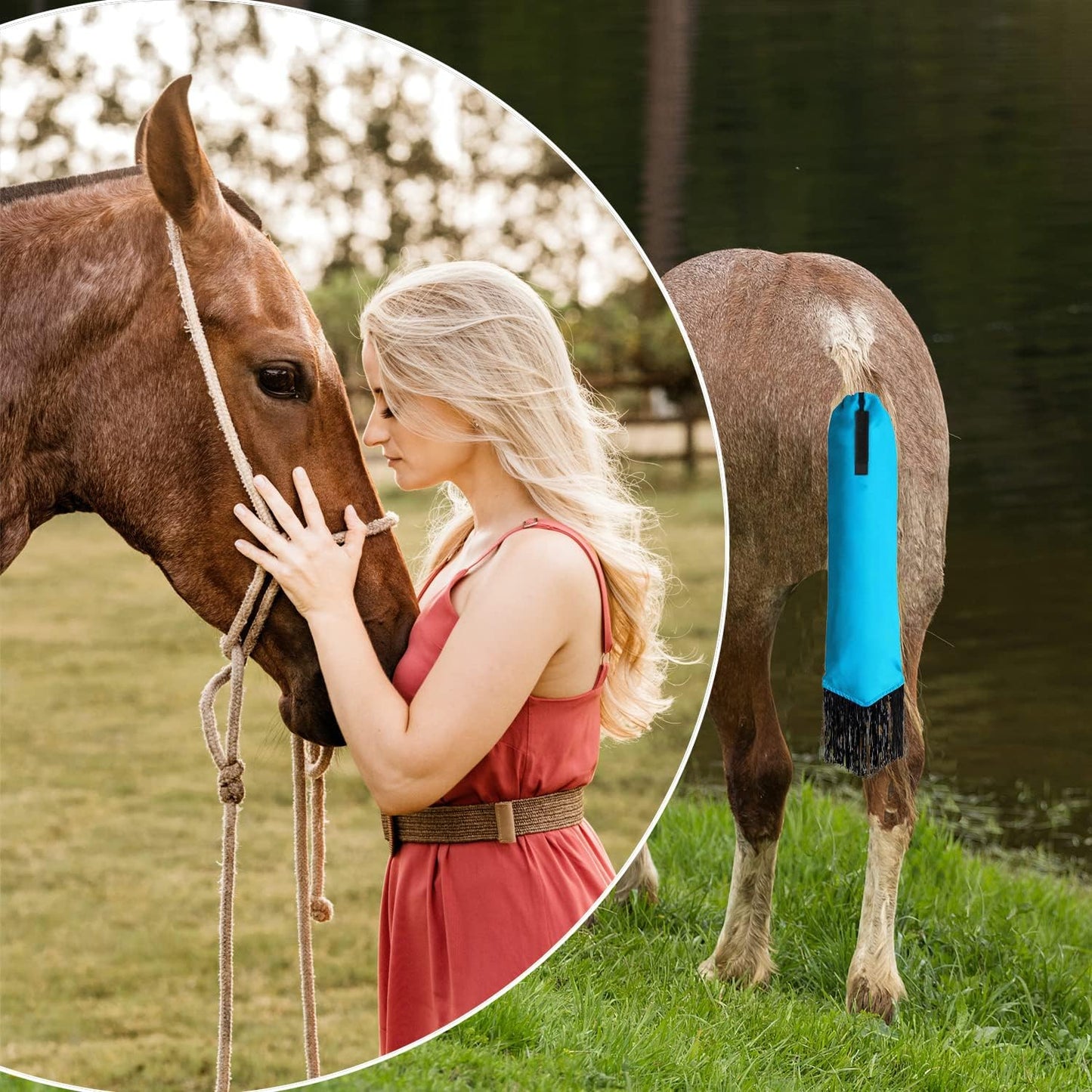 Horse Tail Bag - Pack of 2, Waterproof and Durable, Adjustable Large Opening for Easy Fit, Fringe Design Simulates A Fly Swatter, Protects Horse's Tail from Dirt, Breakage and Insects