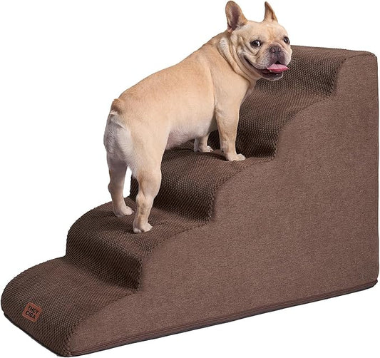 EHEYCIGA Curved Dog Stairs Ramp for High Beds 22.6" H, 5-Step Dog Steps for Small Dogs and Cats, Pet Stairs for High Bed Climbing, Non-Slip Balanced Pet Step Indoor, Brown