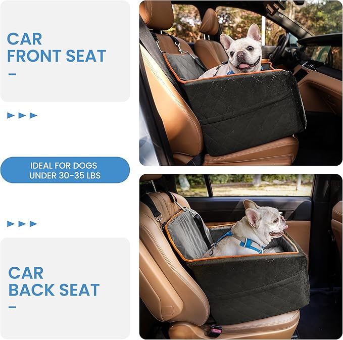 Dog Car Seat for Small Dogs - Puppy Car Seat with Safety Strap & Waterproof Padding, Portable Pet Carrier for Cars, Trucks & SUVs, Comfortable Elevated Bed for Pets Up to 35lbs (Black/Grey)