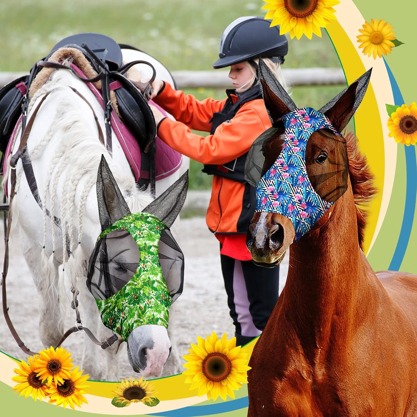 Chunful 6 Pcs Horse Fly Masks with Ears Smooth and Comfortable Cashel Mesh Fly Mask Elasticity Breathability UV Protection Horse Face Covering for Riding Supplies(Flamingo,Large)