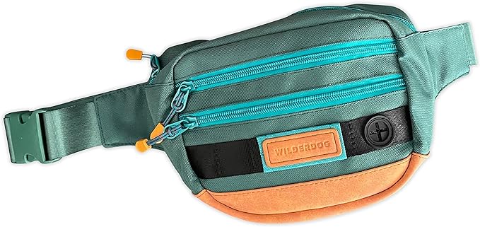 Wilderdog Utility Fanny Pack stores Treats, Balls, Keys in 3 Pockets with adjustable strap and Poop Bag dispenser (Evergreen)
