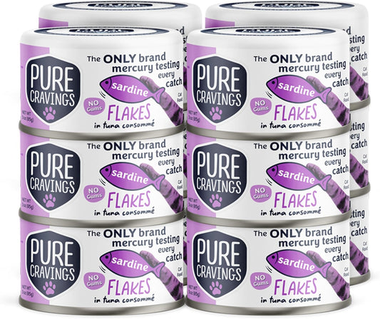 Sardine Flakes in Tuna Consommé, Canned Wet Cat Food Soup, 100% Mercury-Tested, Moist Can Fish, Grain-Free Protein, Non-GMO, 3oz, Pack of 12