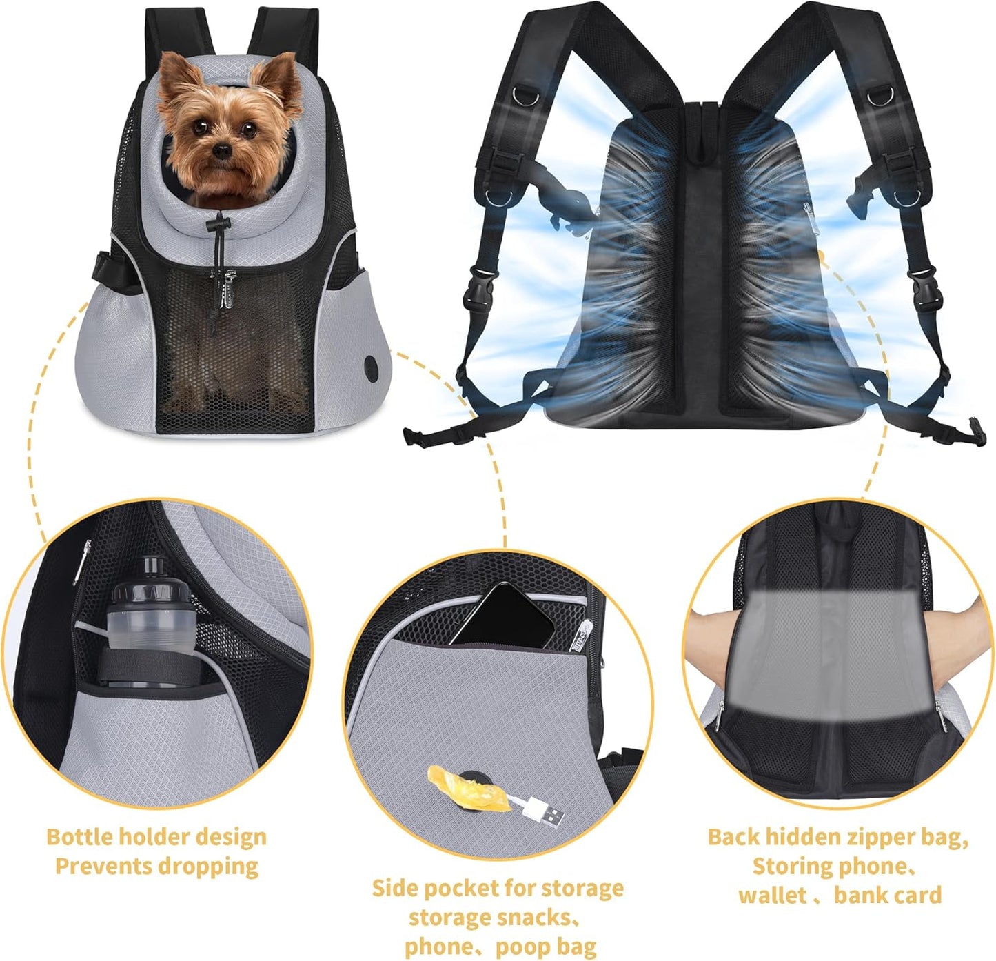 WOYYHO Pet Dog Carrier Backpack Small Dog Front Backpack Ventilated Mesh Dog Travel Back Pack with Safety Belt for Travel Hiking Cycling Outdoor Use (L (10-14 lbs), Grey)