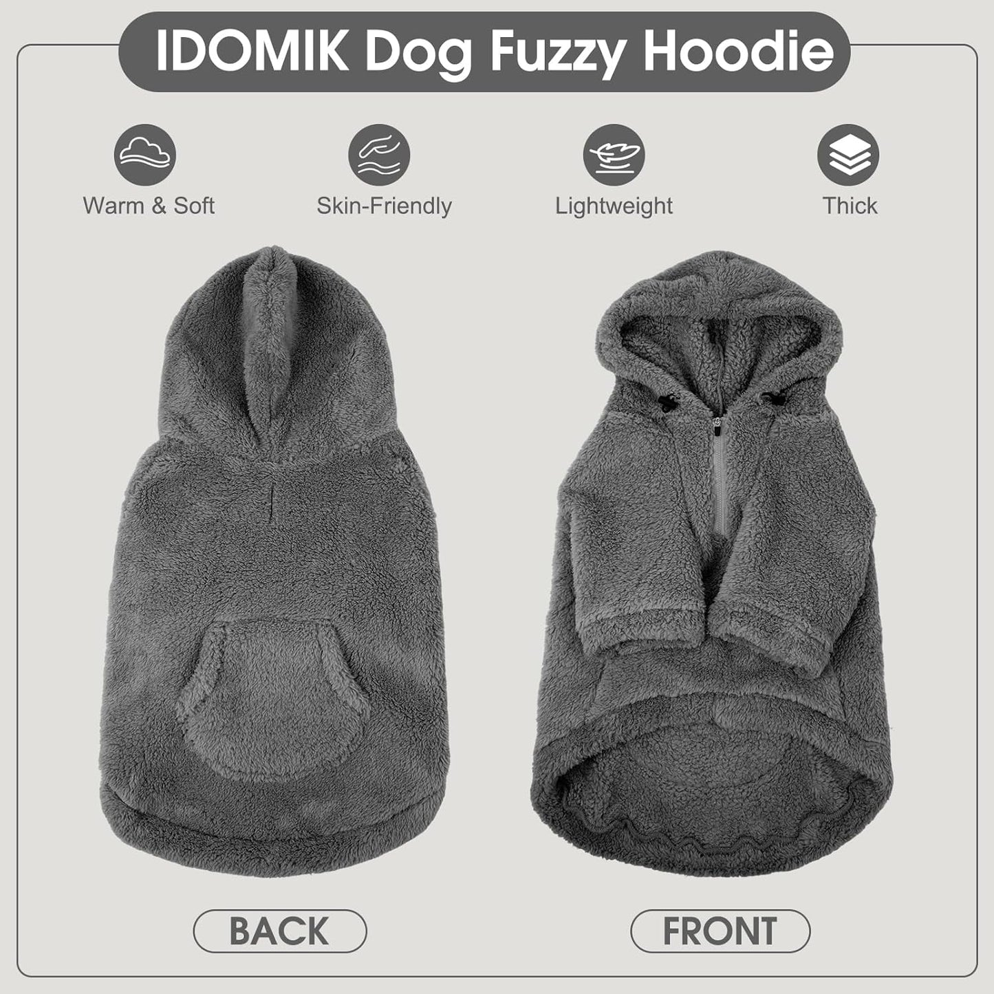 IDOMIK Fuzzy Dog Sweater with Adjustable Hood, Warm Fleece Dog Sweater Hoodie with Harness Hole & Pocket, Pullover Sweaters for Small Dogs, Fuzzy Hooded Sweatshirt for Fall Winter Christmas,Grey,S
