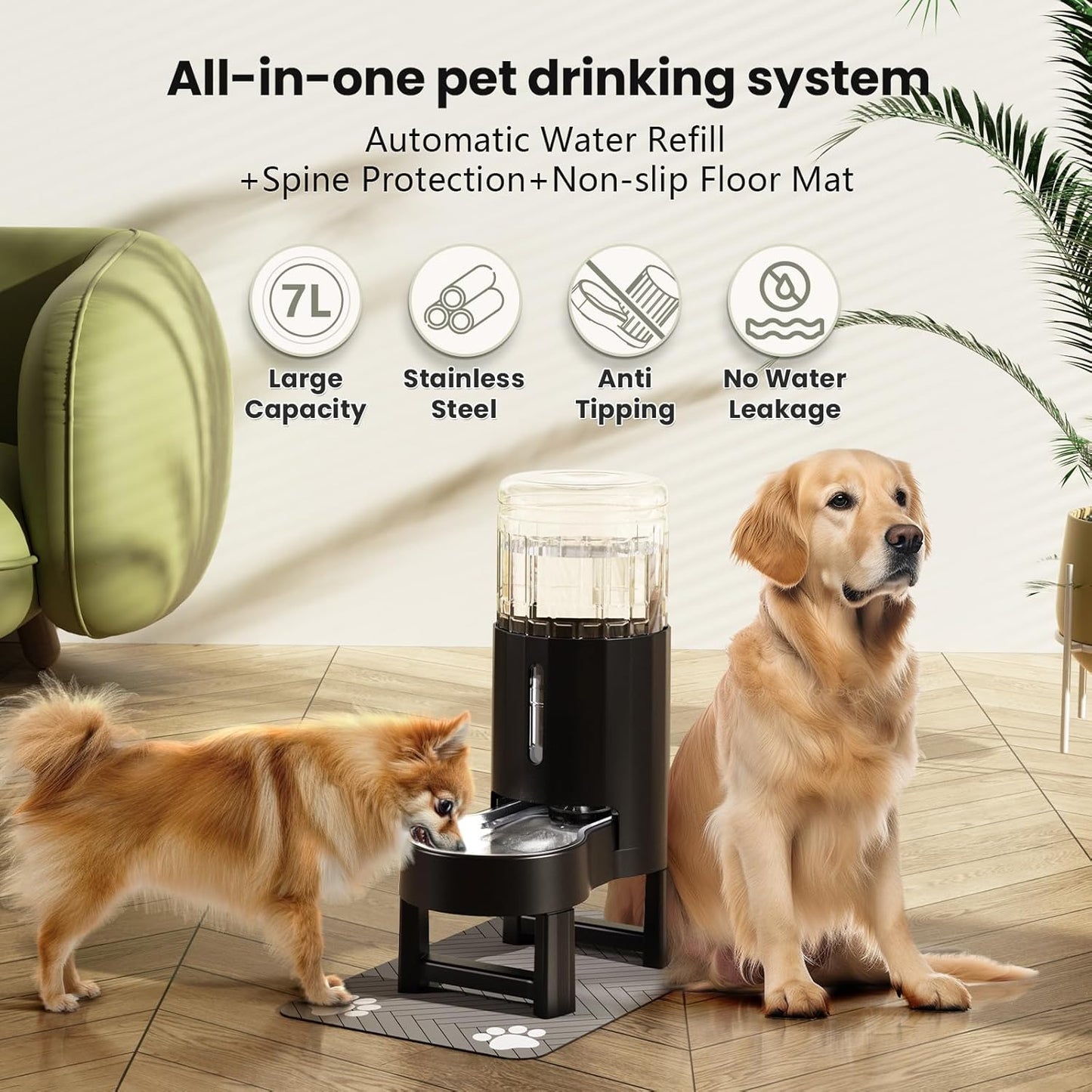 CZPET Elevated Dog Water Bowl Dispenser with Mat for Large Dogs,Tall Raised Pet Waterer Stand,Relieve Neck Pressure,Large Capacity and Drinking Area Noise-Free for Pets (7L+Stand+Mat)