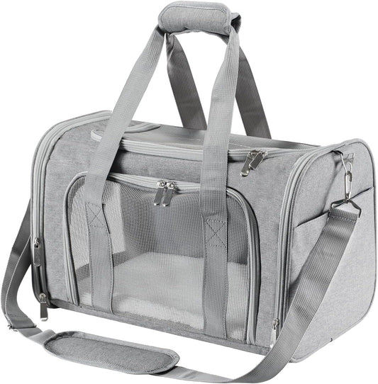 Roaringkitty Travel in Style: Portable Pet Carrier for Small Pets up to 15 Lbs- Airline Approved, Collapsible & Comfortable cat/Puppy Soft Sided Bag (Grey)
