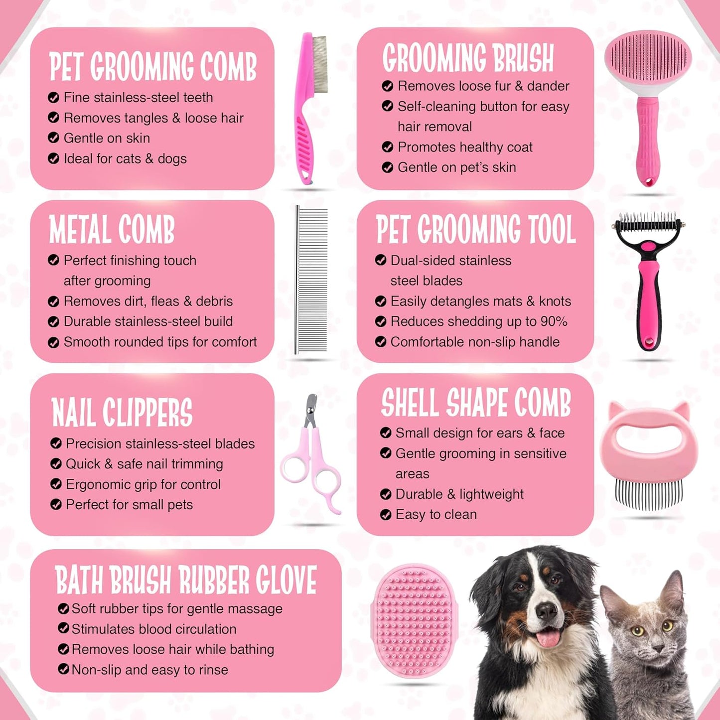 7-in-1 Pet Grooming Kit for Dogs & Cats Deshedding Brush, Bath Brush, Flea Comb, Nail Clipper & Massage Glove Complete Grooming Set for Small & Large Pets