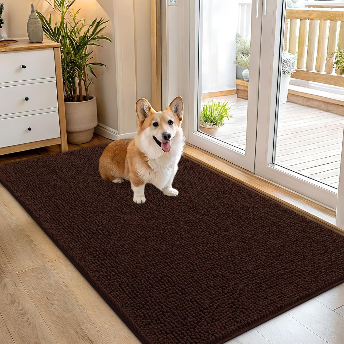 OLANLY Dog Door Mat for Muddy Paws 54x32, Absorbs Moisture and Dirt, Absorbent Non-Slip Washable Doormat, Quick Dry Chenille Mud Mat for Dogs, Entry Indoor Entryway Carpet for Inside Floor, Brown