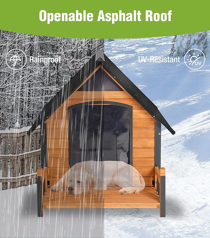 Large Outdoor Heated Dog House with Porch, All-Around Insulated Liner, Weatherproof Outside Dog House with Anti-Bite Metal Frame, Dog Kennel for Small Medium Large Dogs