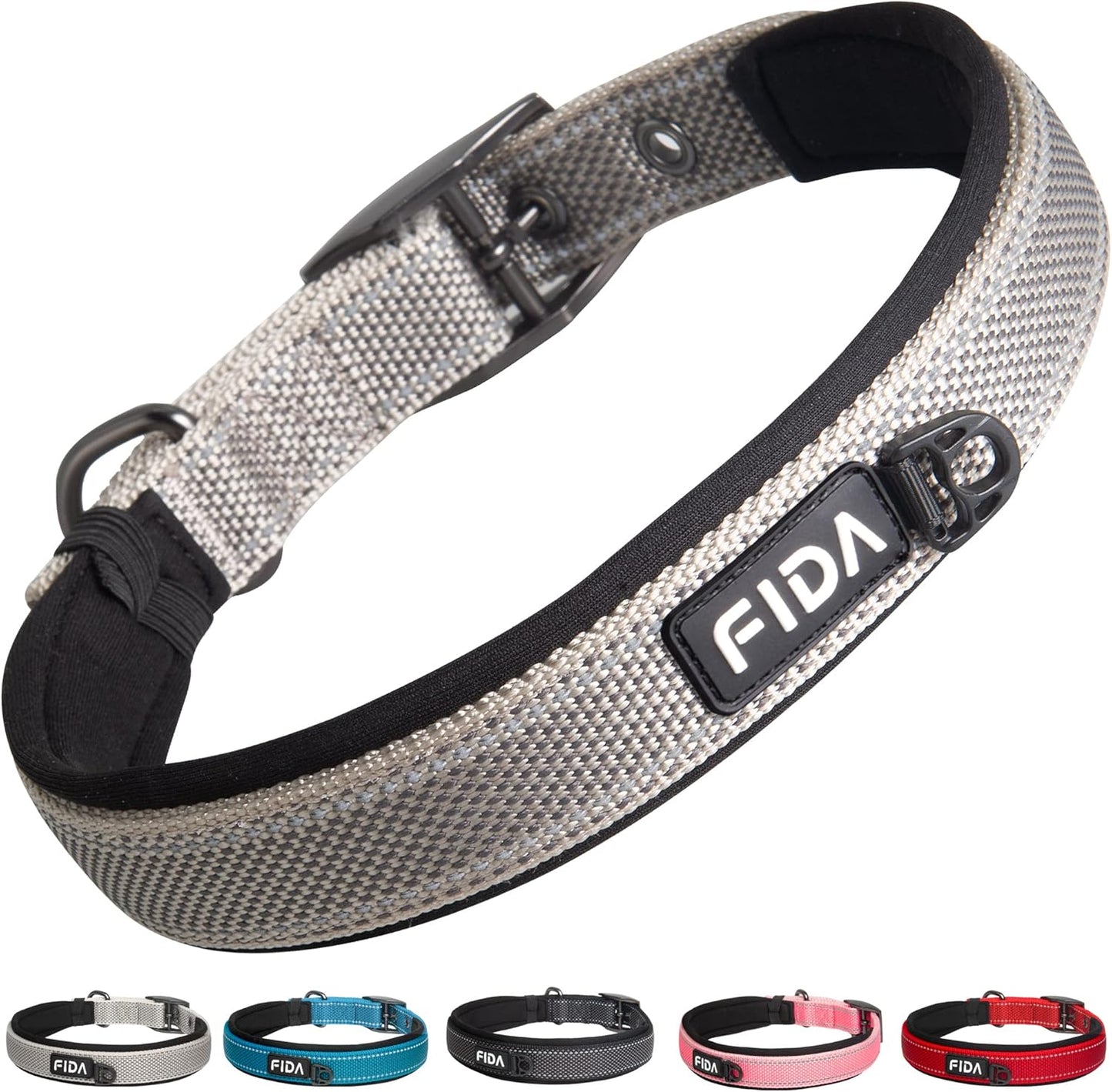 Fida Heavy Duty Dog Collar, Ultra Comfortable Soft Neoprene Padded, Adjustable Reflective Nylon Pet Collar with Durable Metal Belt Buckle for Large Breeds (L, Grey)