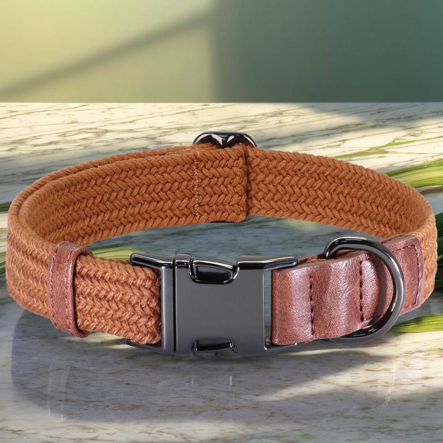 PET ARTIST Soft Cotton Dog Collars for Large Dogs in Rustic Brown, Simple Dog Collar with Quick Release Metal Buckle & D Ring, L Size (15-23")