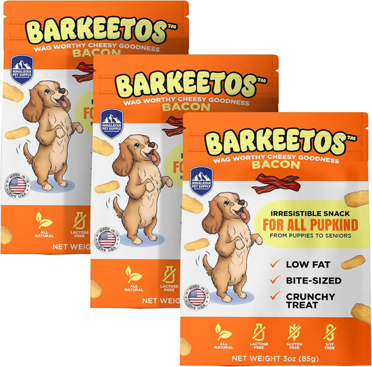 Barkeetos Dog Treats, Crunchy and Cheesy Pet Snacks Made with Real Himalayan Cheese and Bacon, Gluten Free, Grain Free, Lactose Free, Natural Dog Food for All Breeds and Sizes - 3 Pack