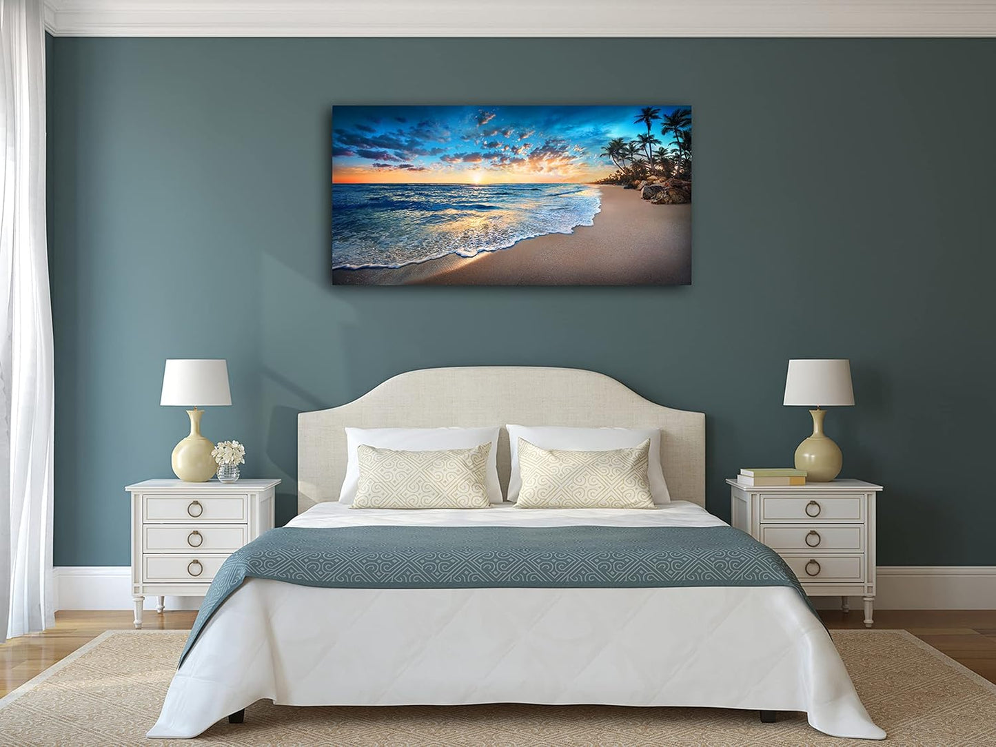 Jiuqinghua Canvas Prints Wall Art Blue Beach Ocean Landscape Paintings 1 panel Sunset Sea Waves Wall Decor Pictures Stretched and Framed for Living Room Bedroom and Office Decor Artwork 24x48inch