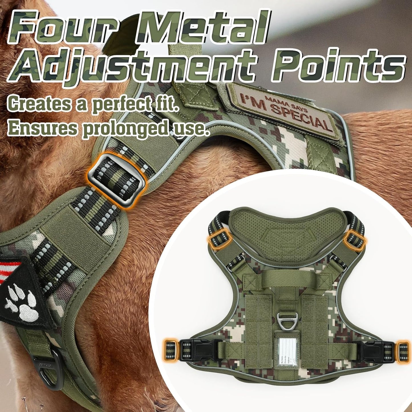 rabbitgoo Tactical Dog Harness Medium Sized Dog, No Pull Military Service Vest with Handle & Molle, Easy Control for Training Walking, Adjustable Reflective Straps, Green camo, M