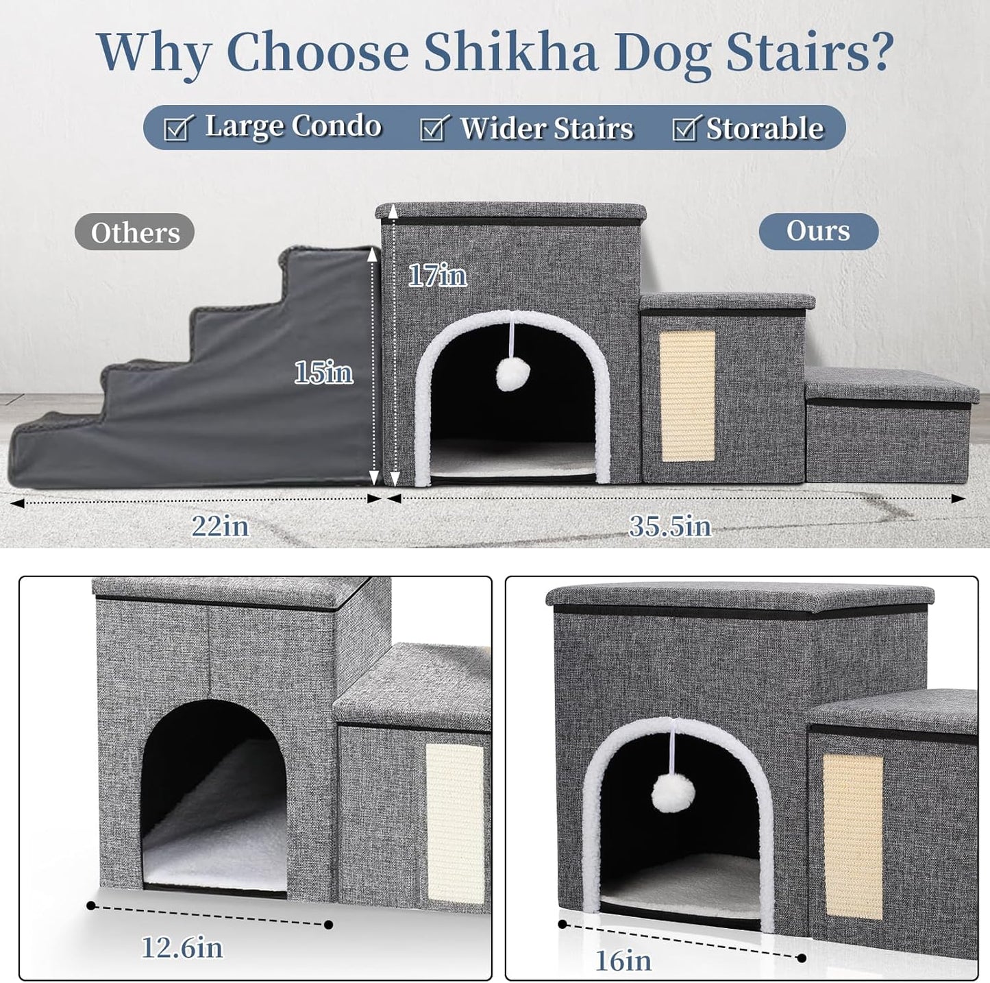 Upgrade XL Dog Stairs for Bed and Couch, 35.5"L x 13.8"D x 17"H, Foldable Dog Steps with Wider Stairs, Large Condo, Storage Space, Pet Stairs Steps for Cats, Small/Older Large Dogs, Hold Up to 180lbs