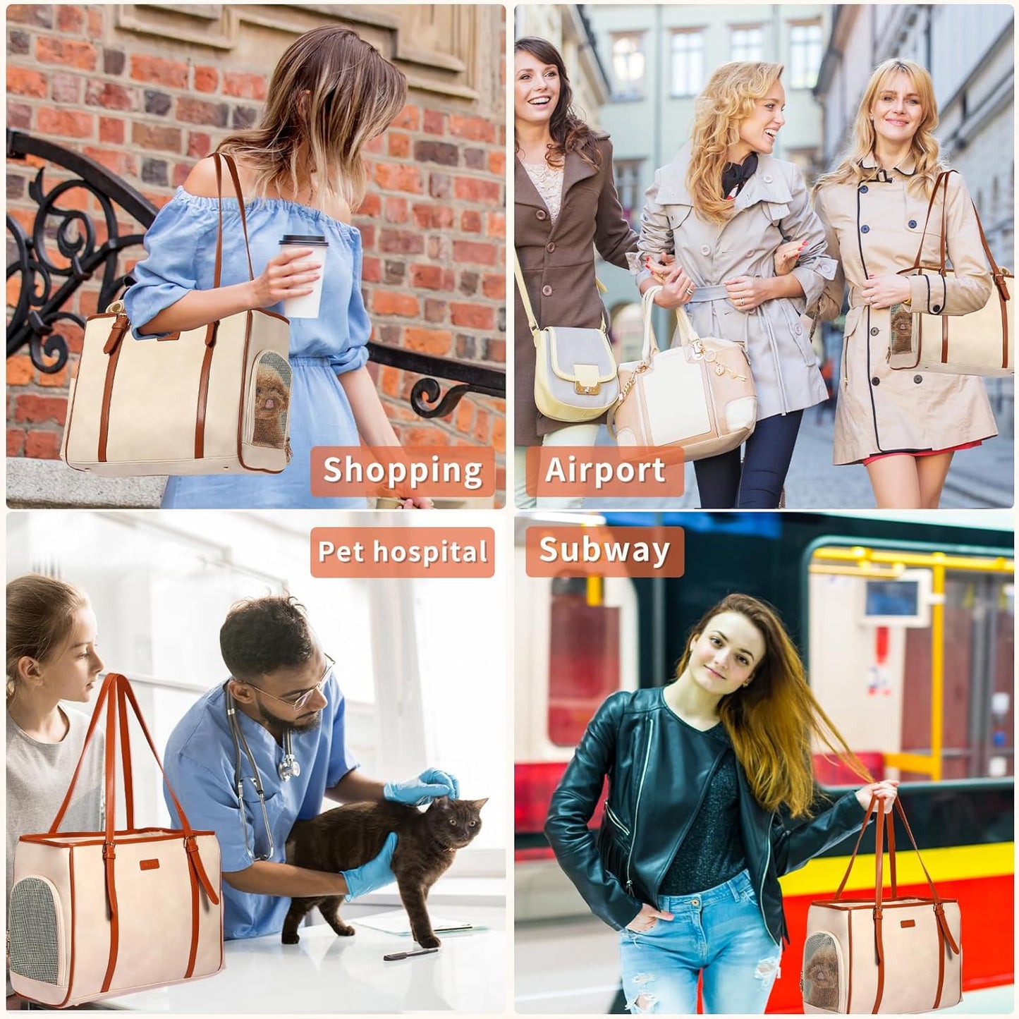 Fashion Dog Purse Pet Carrier Leather Bag for Small Dogs Cats Puppy, Portable Tote Bag Airline Approved Soft-Sided Carriers (Beign)