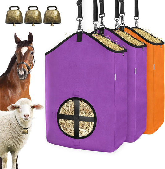 3 PCS Goat Hay Feeder,Hay Bags for Horses,Goats,Donkeys with Reinforced Oxford Fabric and High Strength Metal Clasp,Horse Feeding Supplies with Adjustable Strap for Easy Hanging(2Purple+1Orange)