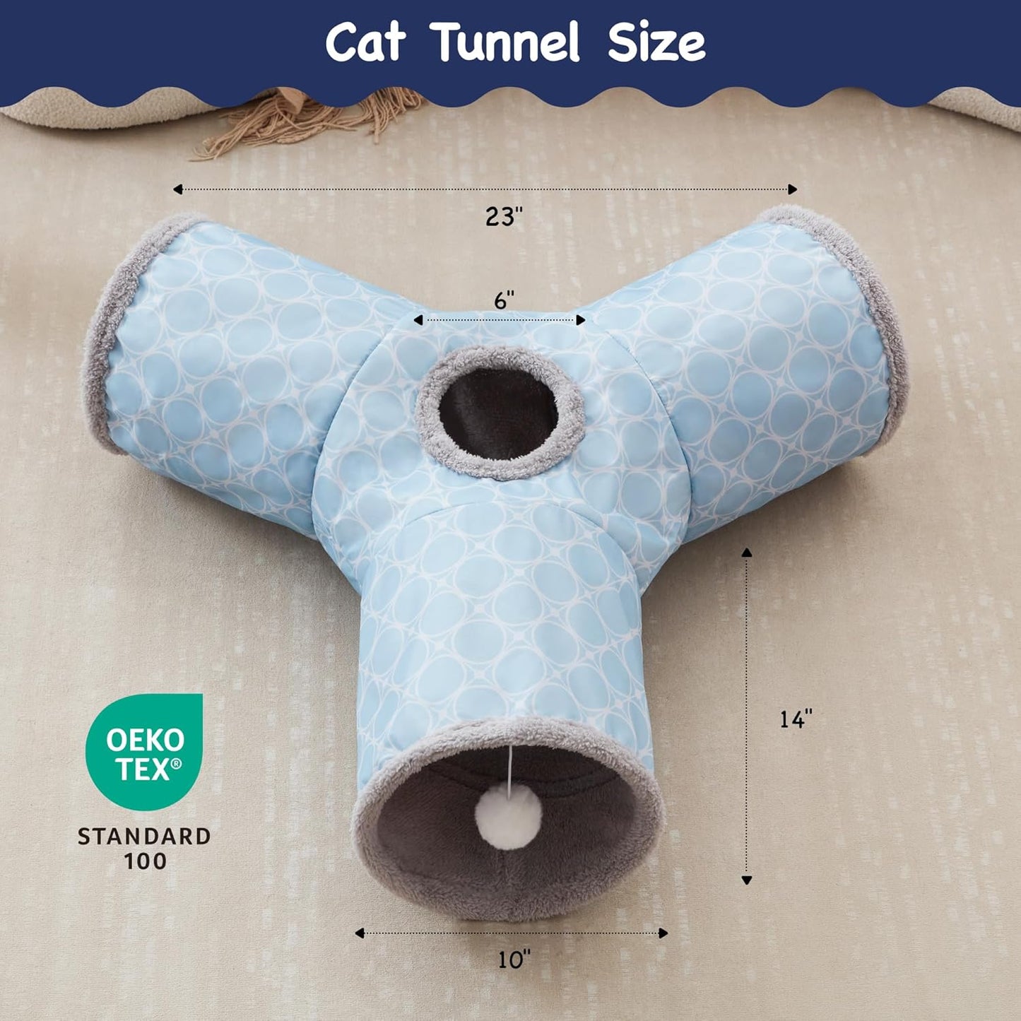 Tempcore Pet Cat Tunnel Tube Toys 3 Way Collapsible, Cat Tunnels for Indoor Cats Fleece-Lined in for Warmth，Kitty Tunnel Bored Cat Pet Toys Peek Hole Toy Ball Cat, Puppy, Kitten, Geometry Blue