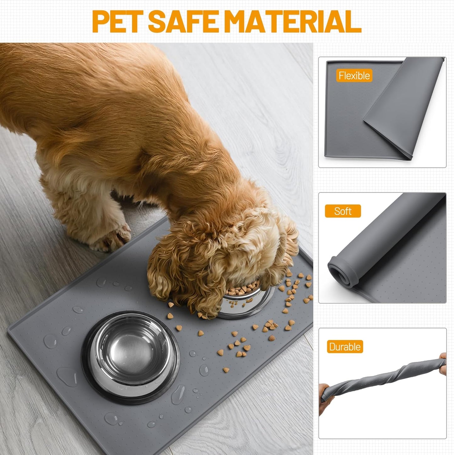 Hubulk Dog Feeding Mat,100% Waterproof Food Grade Silicone Pet Food and Water Bowl Placemat,Dishwasher, High Raised Edge to Prevent Spills,Nonslip Tray to Stop Messes on Floor (24"x16"x0.5", Grey)