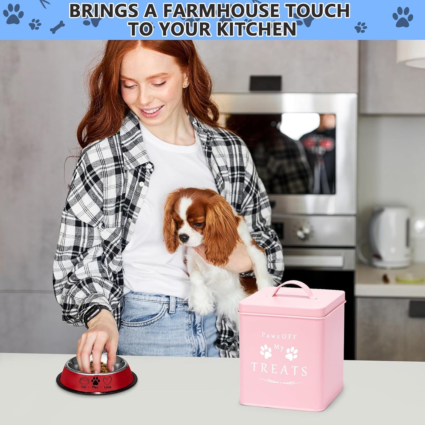 Meraki Home Small Dog Food Container and Dog Treats Container - Tight Lids - Feed Scoop and Pet Food Bowl - Farmhouse Metal Storage Bin - Matte Pink