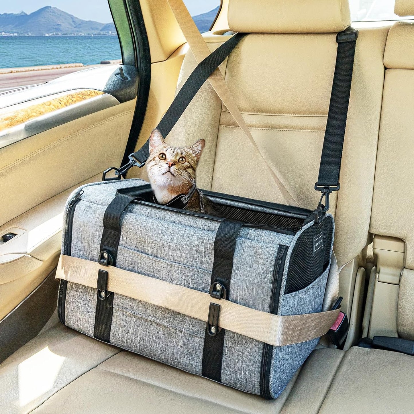 PETSFIT Soft-Sided Cat Carriers & Car Seats with Patent Safe Buckles, Clip-On Harness，18"x11"x11" Airline Approved Pet Carrier - 9 lbs Capacity,Grey
