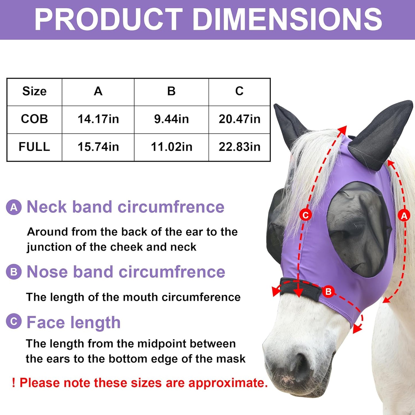 Stretchy Horse Fly Mask for Horses, Soft Lycra Equine Mesh Mask, Elasticity Horse Face Covering, Breathable&UV Protection, Violet, Full