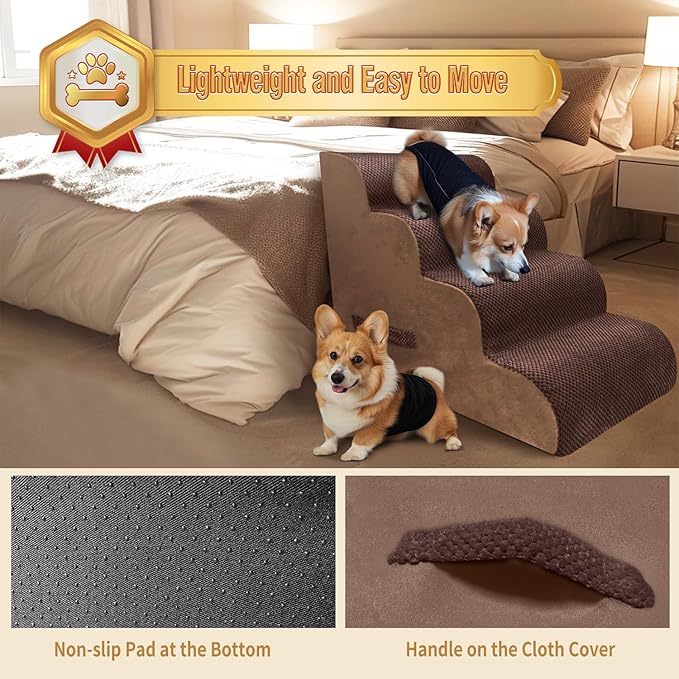 PAWSCART Dog Stairs for Small Dogs and Cats, 4-Step Dog Steps for Bed, 19.6" H Pet Stairs for High Bed, Pet Ramp for Couch, Sofa, Non-Slip Surface Removable Washable Cover, Brown