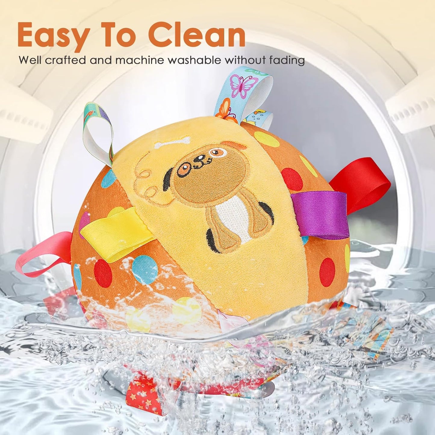 Dog Squeaky Plush Toy with Straps, 6-Inch Soft Stuffed Ball with Cotton Material and Bell Built-in, Pet Interactive Fetch Toy for Small to Large Dog