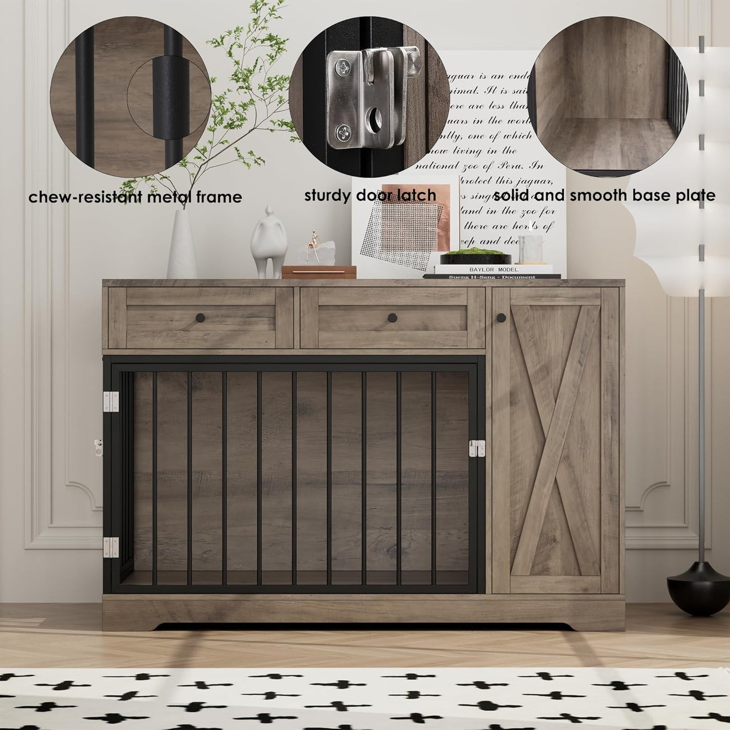 Dog Crate Furniture Kennel with Double Doors Wooden Pet House with 2 Drawers and Storage Cabinet, Indoor Dog Cage Farmhouse Modern Side End Table for Small Medium Dogs, Rustic