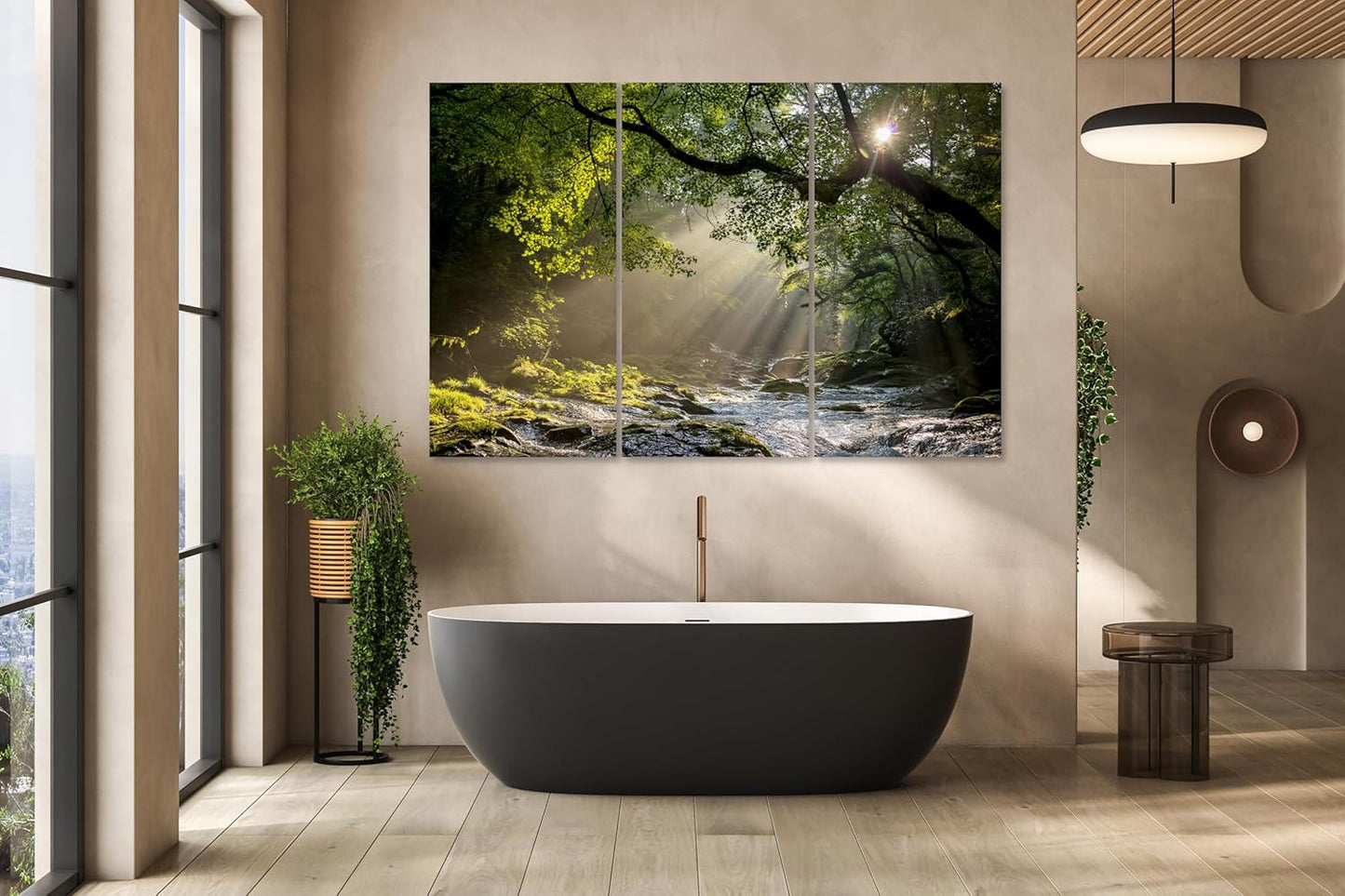 Nature Wall Art Prints - Ocean Forest Mountain Lake Canvas Landscapes - Small to Extra Large Living Room Bedroom Kitchen Bathroom Décor (Rocky River in the Woods, 35L" x 53W" - 3 Panels)