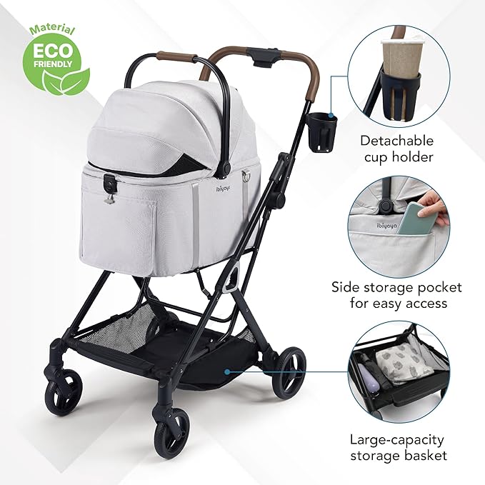 ibiyaya Tinker Pet Stroller for Small Dogs and Cats – 3-in-1 Pet Carrier, Dual-Opening Canopy, No-Flat Wheels, Vegan Leather Handle, Large Storage Basket (Silver Gray)