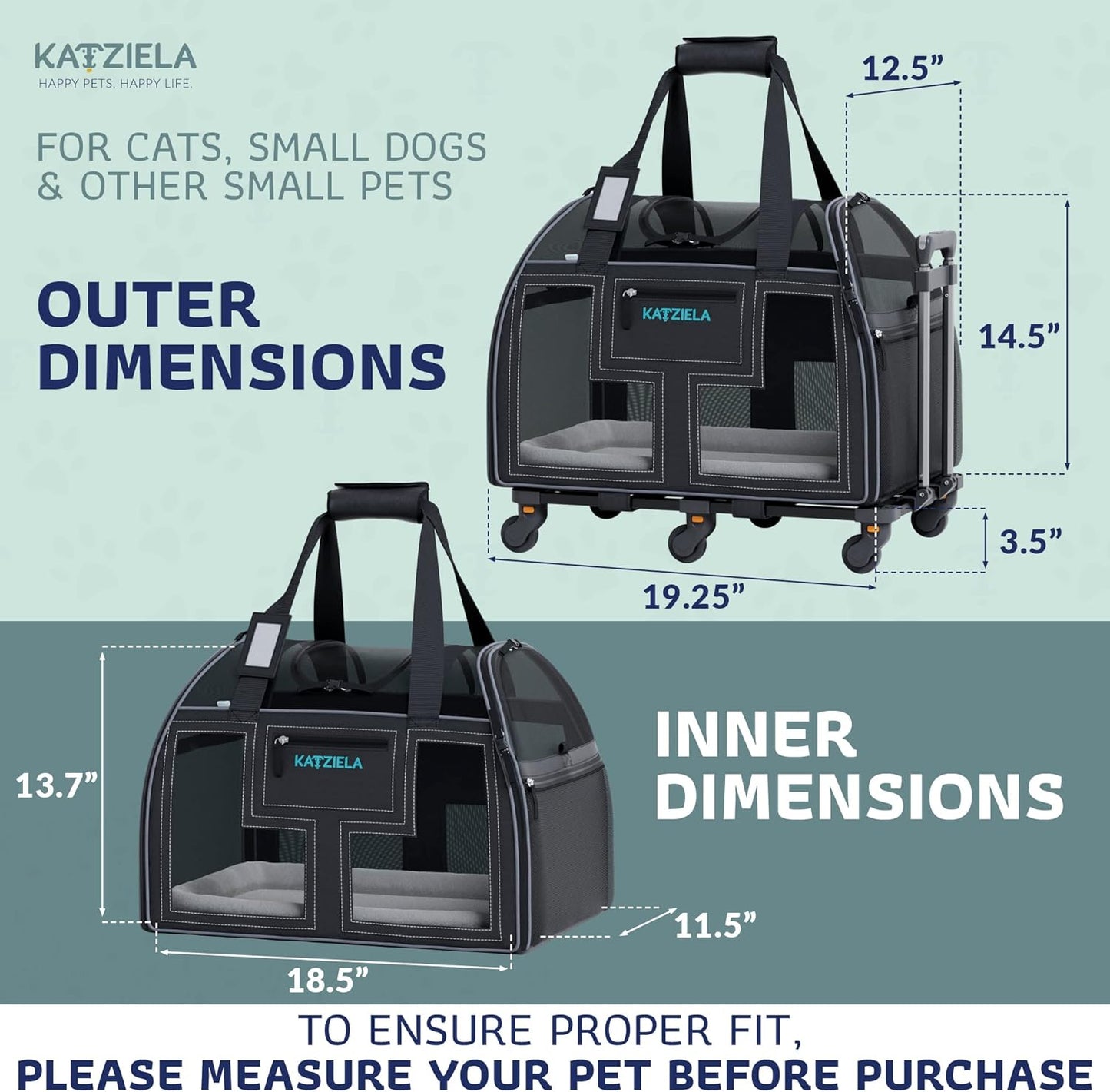 Airline Compliant Pet Carrier - Rolling Portable Travel Carry Crate for Small Dog, Puppy or Cat - Soft Removable Wheeled Design with Mesh Window Sides - Airplane and TSA Compliant- by Katziela