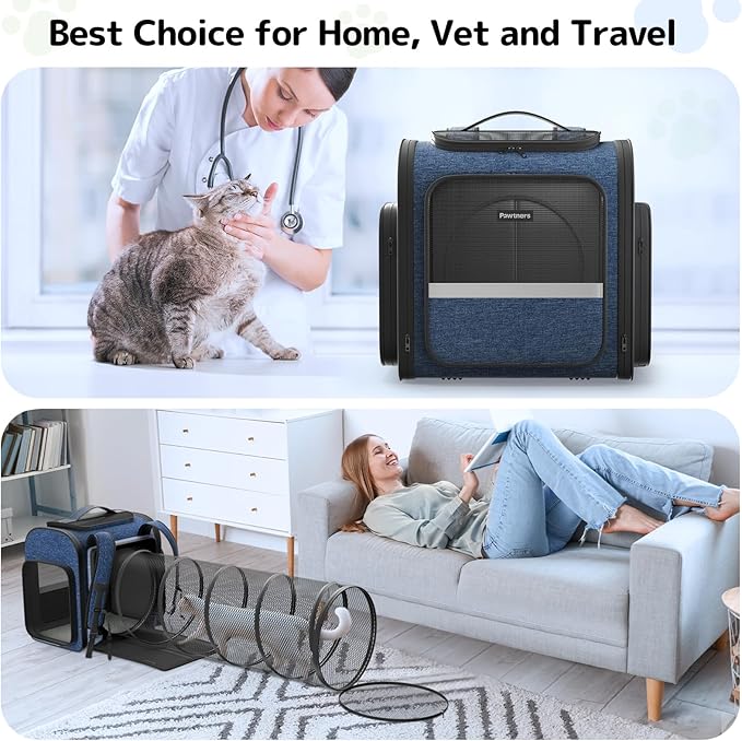 Pawtners Cat Carrier Backpacks Expandable Pet Backpack with Breathable Mesh, Pet Carrier Backpack for Cats Small Dogs Puppies Up to 18 Lbs, Dog Carrier Backpack for Travel Hiking Camping Outdoor Blue