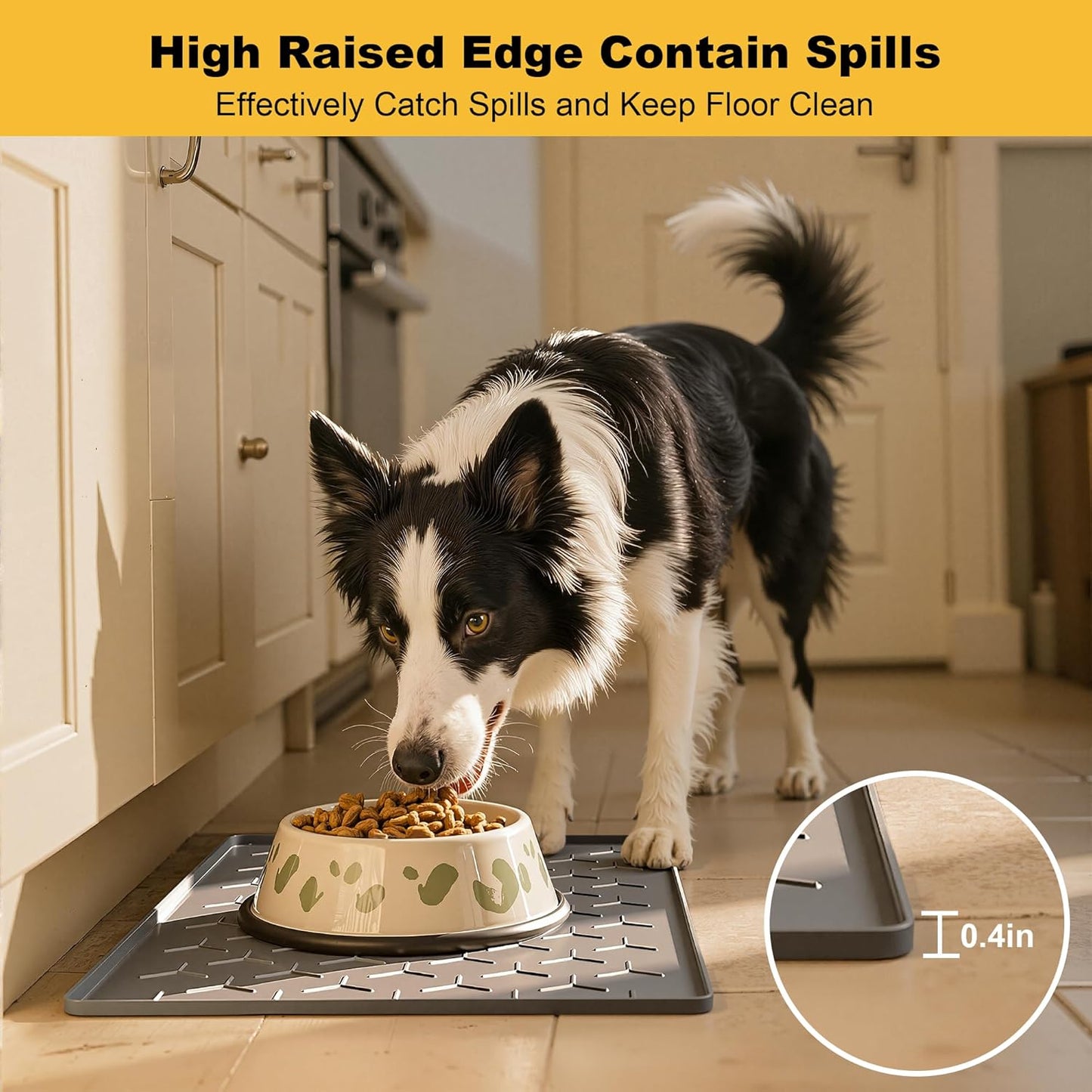 Pieviev Dog Cat Food Bowl Mat, Silicone Waterproof Food Grade Pet Food Mat for Floor, High Raised Edge to Prevent Spills, Non-Slip & Easy Clean Pet Placemat for Dog & Cat Bowls, 24''x16'', Dark Gray