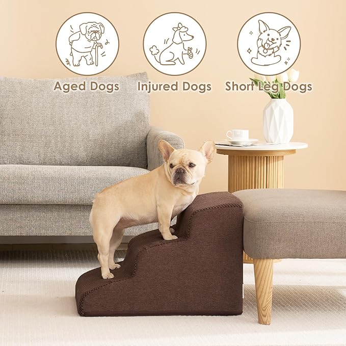 EHEYCIGA Curved Dog Stairs Ramp for Small Dogs 15.7" H, 3-Step Dog Steps for Couch Sofa and Chair, Pet Stairs for Cats, Non-Slip Balanced Pet Steps Indoor, Brown