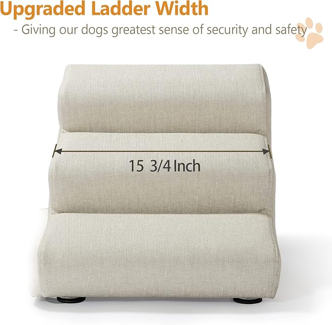 Senneny Imitation Linen Faux Leather Dog Stairs, for Pets up to 150 lbs, Waterproof, Scratch Resistant Pet Steps/Stairs with High Density Foam and Detachable Wooden Legs, Light Beige Linen, 3 Step