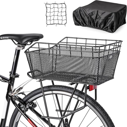 Rear Bike Basket - Large Bicycle Rear Basket with Cargo Net and Waterproof Cover, Wire Bike Baskets Rear Large Capacity (NO Bike Rack Include)