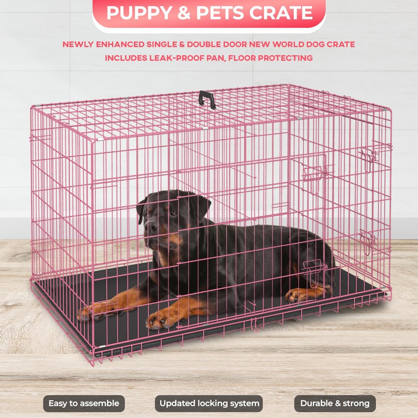 FDW Dog Crate for Large Dogs 48 Inch Folding Metal WirePet Cage Double Door W/Divider Panel Indoor Outdoor Kennel Leak-Proof Plastic Tray,Pink