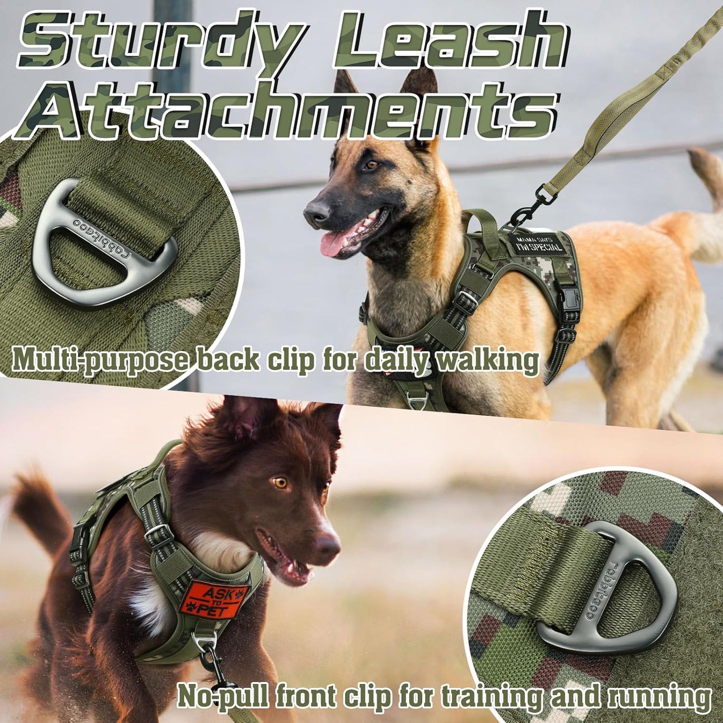 rabbitgoo Tactical Dog Harness Medium Sized Dog, No Pull Military Service Vest with Handle & Molle, Easy Control for Training Walking, Adjustable Reflective Straps, Green camo, M