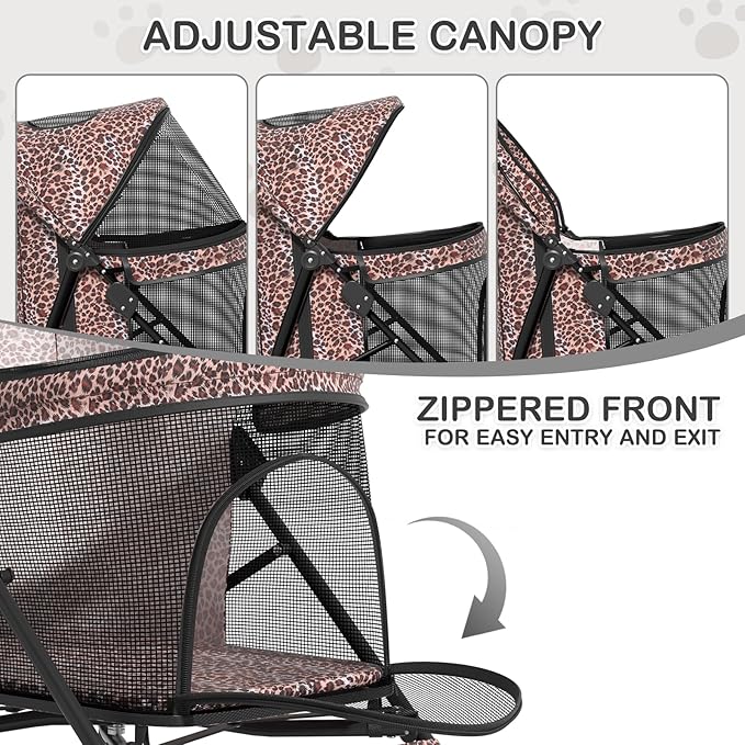 MoNiBloom 4 Wheels Pet Stroller, Easy-Fold Umbrella Shaped Dog Cat Jogger Stroller w/Storage Bag & Visible Mesh for Small/Medium Dogs Cats Leopard Print