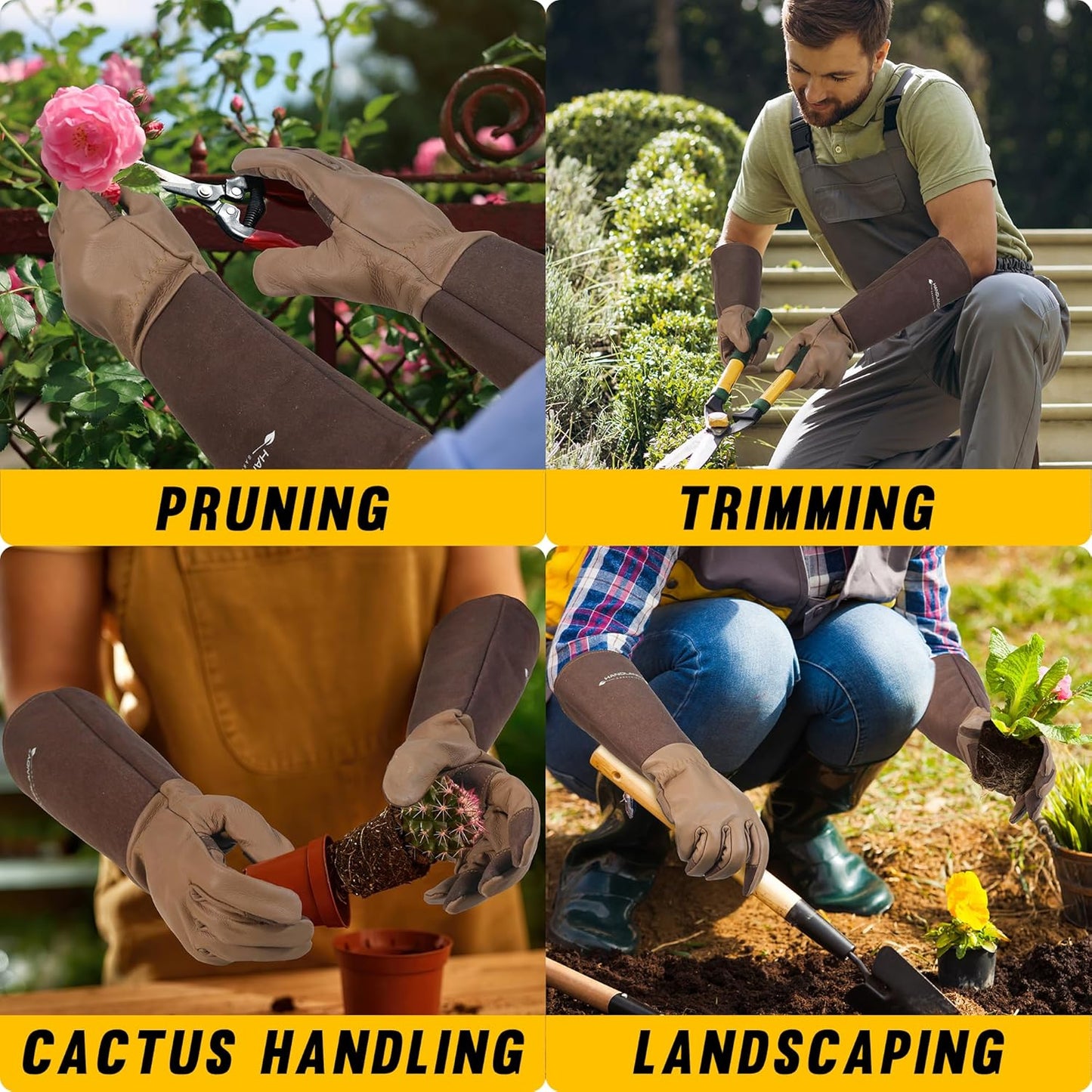 HANDLANDY Long Gardening Gloves for Men & Women, Cowhide Leather Rose Pruning Gloves- Breathable & Durable Gauntlet Glove (Medium, Brown)